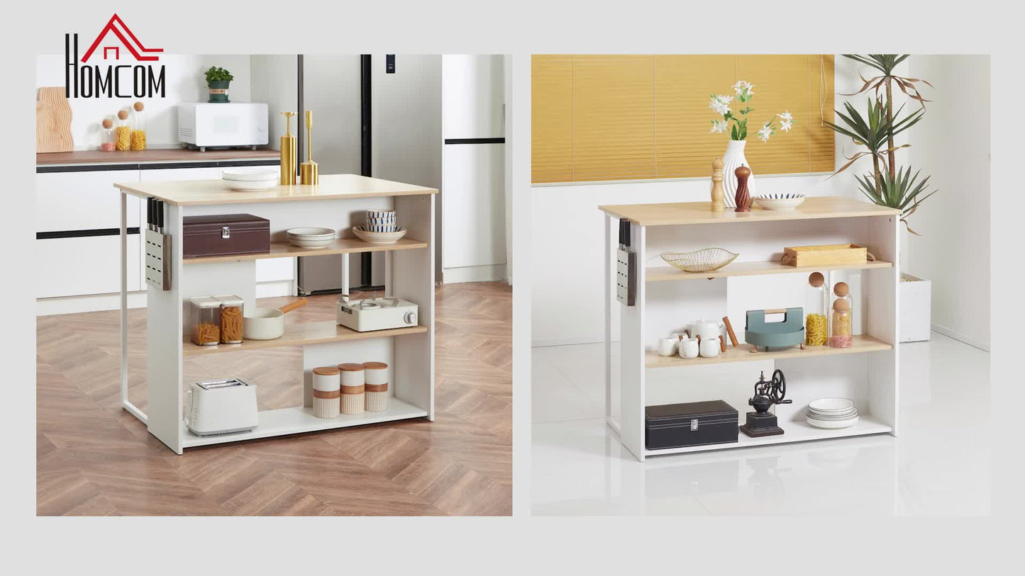 Keukeneiland – Keukenwagen – Kookeiland – Werktafel – Keukentrolley – 3 Open Planken – Roestvrijstalen Messenhouder – 105x65x90 cm – Wit/Naturel