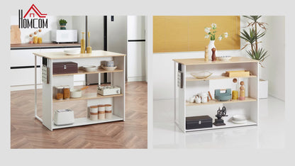 Keukeneiland – Keukenwagen – Kookeiland – Werktafel – Keukentrolley – 3 Open Planken – Roestvrijstalen Messenhouder – 105x65x90 cm – Wit/Naturel