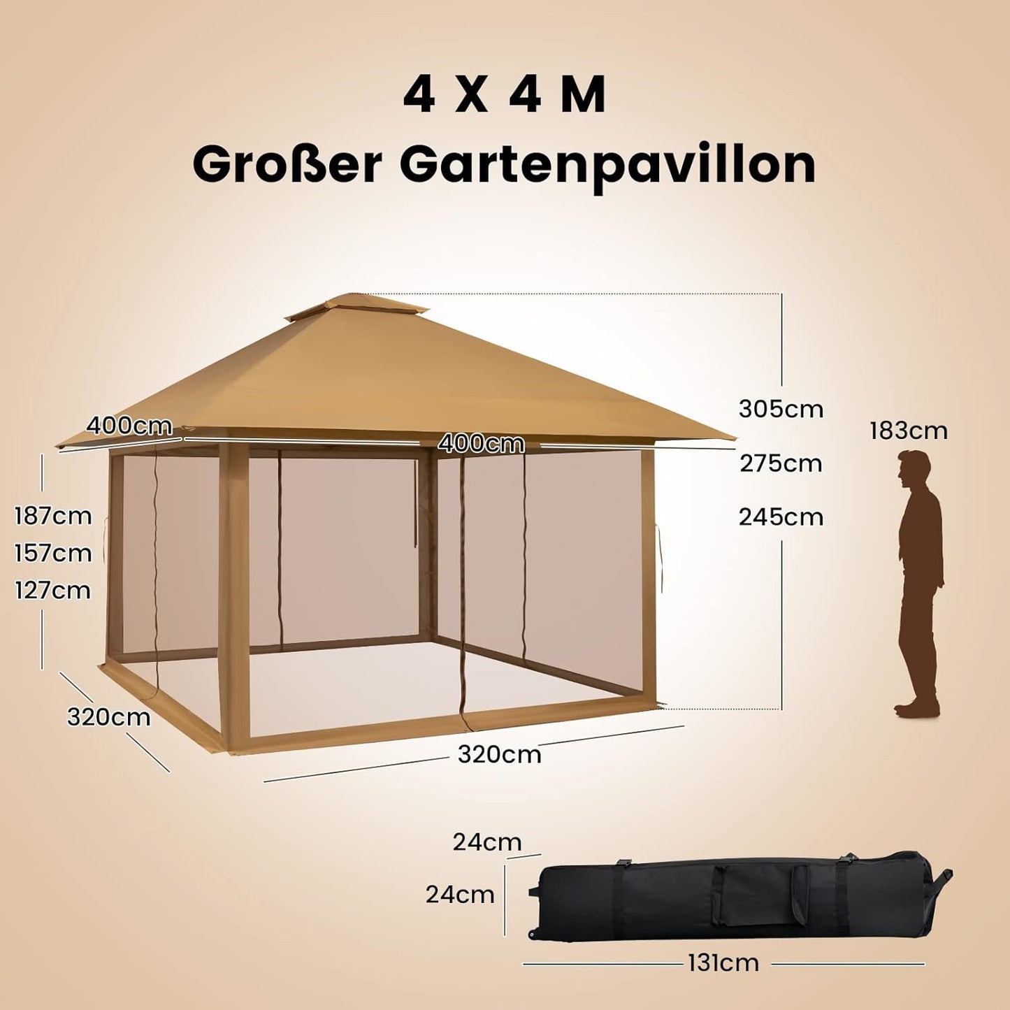 Partytent – Gazebo – Tuinpaviljoen – Feesttent – Tuintent – 400x400 cm – Verstelbare Hoogte & Dubbel Geventileerd Dak