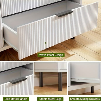 Wave Fluted 5-Drawer Dresser - Modern Wood Chest of Drawers with Wide Drawers, Anti-Tipping Device & Metal Legs, White & Black, 68.58cm Height, 3, 2 Cu Ft Storage, Perfect for Bedroom, Hallway, Entryway, Dresser for Bedroom,