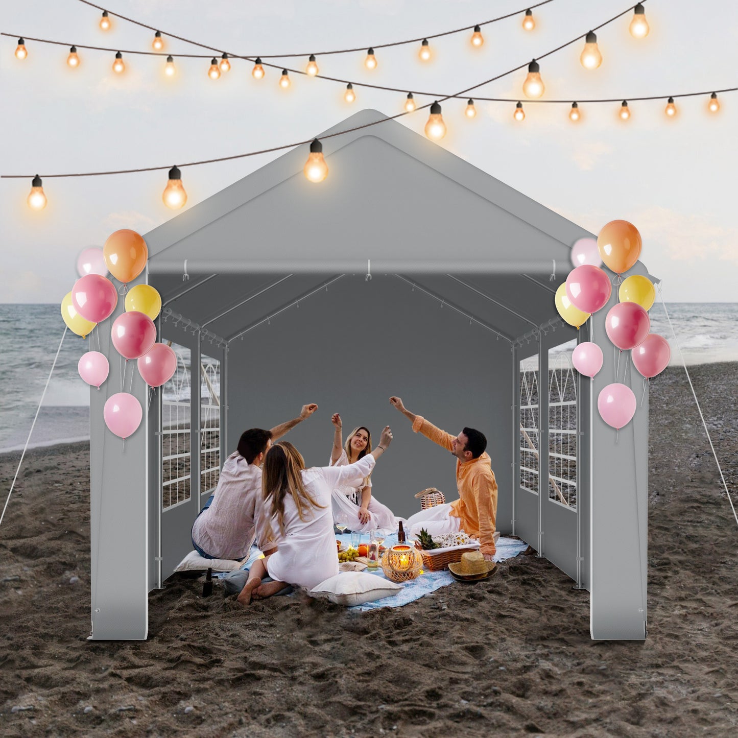 3x6m Party Tent Camping Tent Foldable Tent with Side Panels and Windows Garden Pavilion for Garden Parties, Festivals, Weddings (White/Grey)