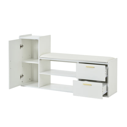 Modern White Metal Shoe Cabinet with Bench & 2 Drawers - Glossy Storage Shoe Rack with Cushioned Seat, Space-Saving Entryway Organizer for Hallway, Living Room, Office - Durable Metal Construction, No Electrical Required