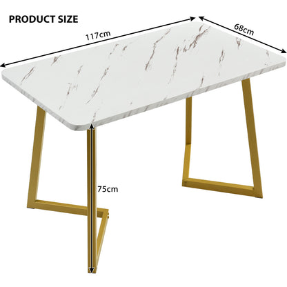 Eettafelset 5-delig – Eetkamerset – Dinerset – Tafel met Stoelen – Witte Tafel Met Gouden Metalen Poten – Grijze Linnen Bekleding – Stevig & Duurzaam – Modern Elegant Design