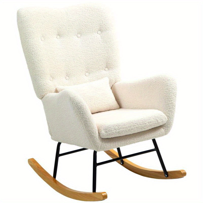 Schommelstoel – Relaxstoel – Fauteuil – Voedingsstoel – Schommelstoel Babykamer – Teddy Stof – Pluche Kussen – Opvouwbaar & Stapelbaar – Stevig Houten Frame & Zachte Schommelbeweging