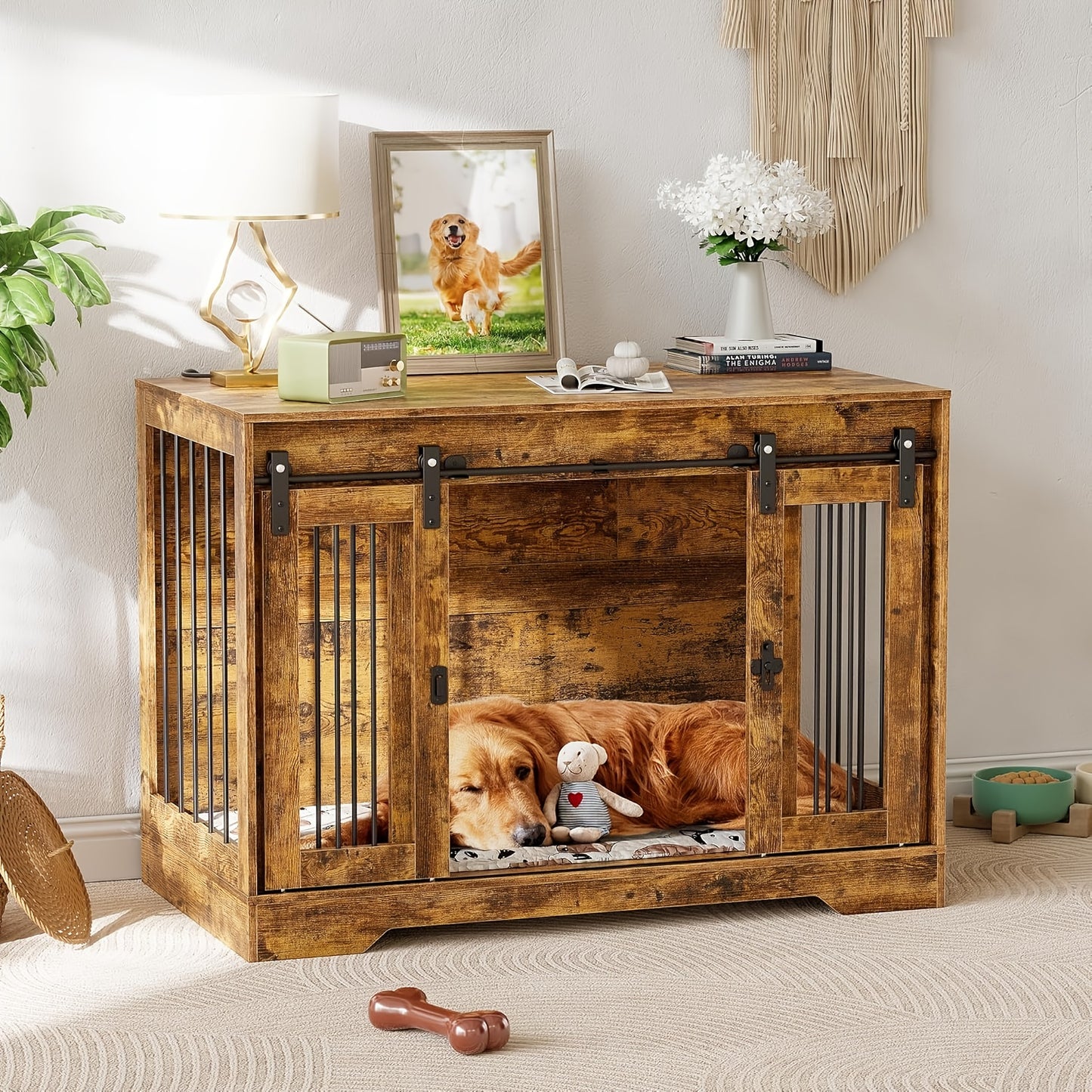 Houten Hondenbench – Hondenhok – Huisdier Bench – Hondenkooi – Dierenren – Oversized Met Vier Schuifdeuren – Ruime Binnenruimte Met Scheidingswand