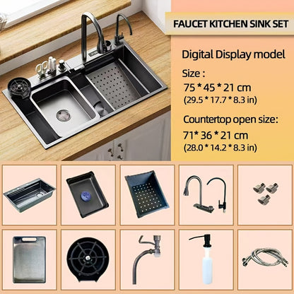 Digitale Keukenkraan – Keukenmengkraan – Waterval Kraan – Pull-Down Kraan – Uittrekbare Kraan – Grote Afmetingen 75x45 cm – Roestvrij Staal & Vacuüm Afvoersysteem