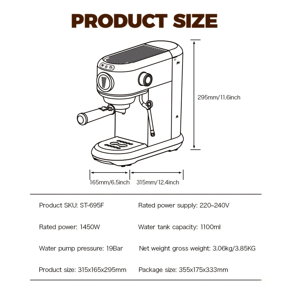 Espressomachine – Koffiemachine – Latte Maker – Cappuccinomachine – Halfautomaat – Roestvrij Stalen Behuizing – 7-instelbare Watervolume Controle