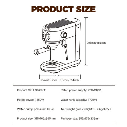 Espressomachine – Koffiemachine – Latte Maker – Cappuccinomachine – Halfautomaat – Roestvrij Stalen Behuizing – 7-instelbare Watervolume Controle