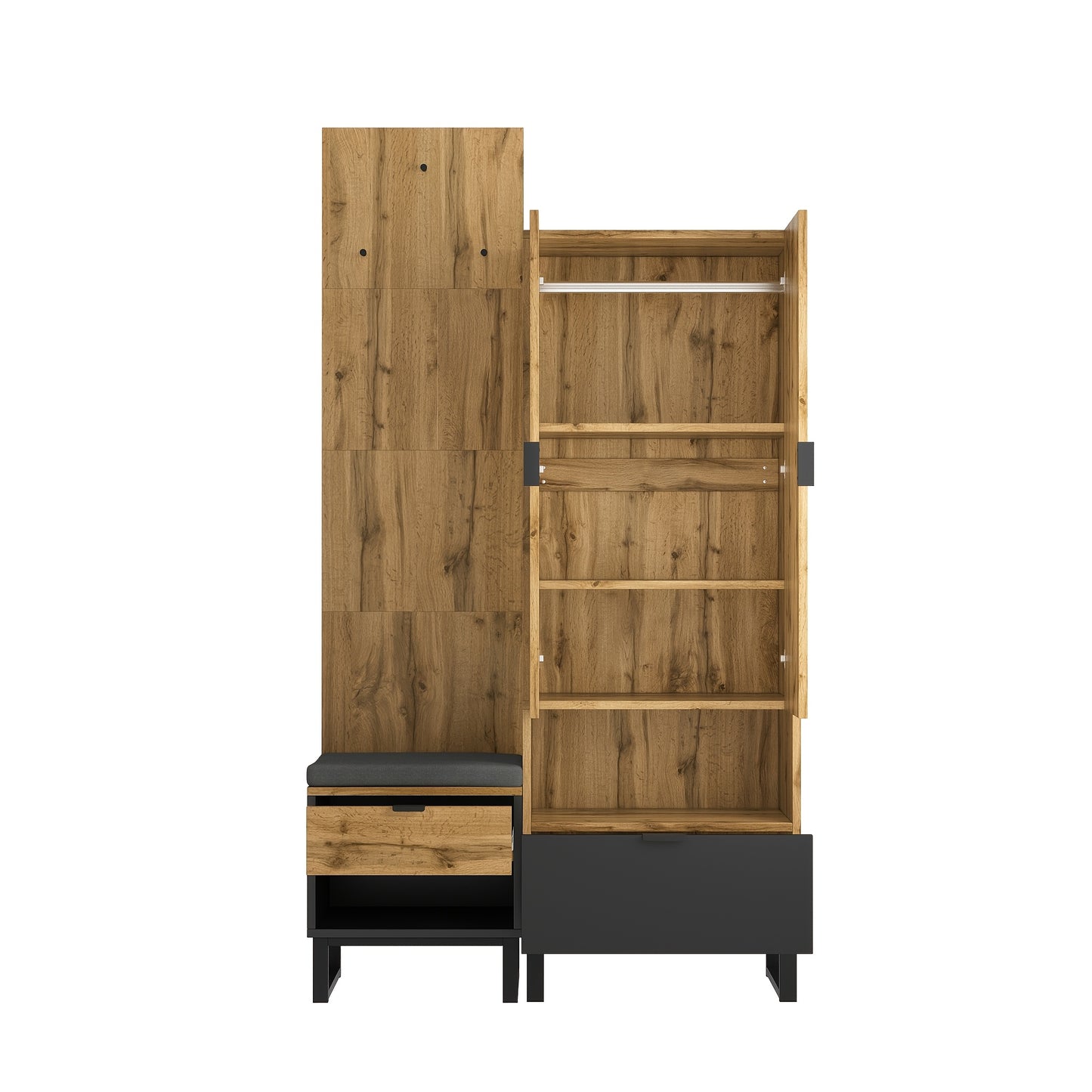 Kledingkast – Houten Kast – Vrijstaande Opbergkast – Schoenenkast – Garderobekast – Compact Design – Massief Hout Met Schoenenbank En Kussens