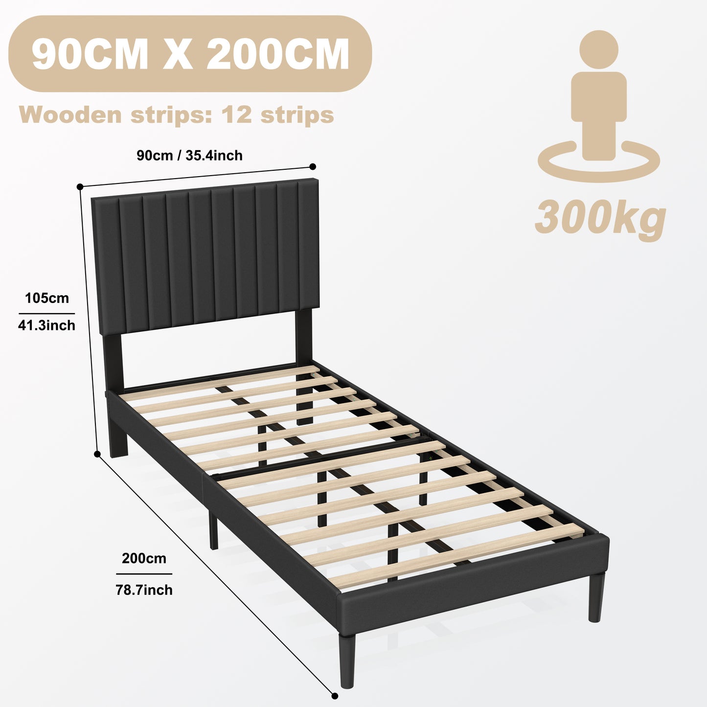 Metalen Bedframe – Metaal Ledikant – IJzeren Bed – Bedframe Eenpersoons – Minimalistisch Bed – Gestoffeerd Hoofdbord – 90x200 cm – Draagkracht 300 kg – Voorgemonteerd – Zwart Frame Beige Fluwelen Hoofdbord