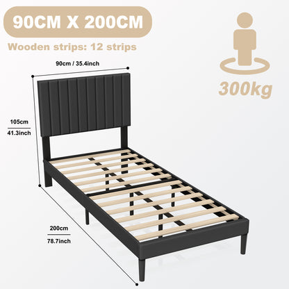 Metalen Bedframe – Metaal Ledikant – IJzeren Bed – Bedframe Eenpersoons – Minimalistisch Bed – Gestoffeerd Hoofdbord – 90x200 cm – Draagkracht 300 kg – Voorgemonteerd – Zwart Frame Beige Fluwelen Hoofdbord
