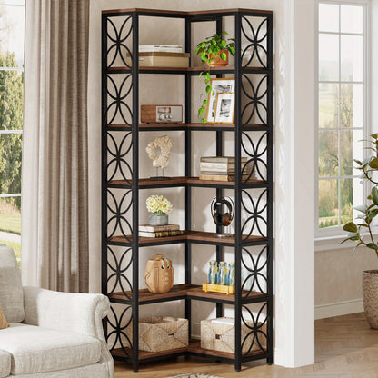 79-Inch Tall 7-Tier L-Shaped Corner Bookcase with Metal Frame - Heavy-Duty Freestanding Storage Shelf, Space-Saving Curved Design, Engineered Wood & Metal Construction, Contemporary Modern Style in Rustic Brown & Black for Li