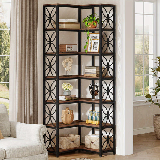 79-Inch Tall 7-Tier L-Shaped Corner Bookcase with Metal Frame - Heavy-Duty Freestanding Storage Shelf, Space-Saving Curved Design, Engineered Wood & Metal Construction, Contemporary Modern Style in Rustic Brown & Black for Li