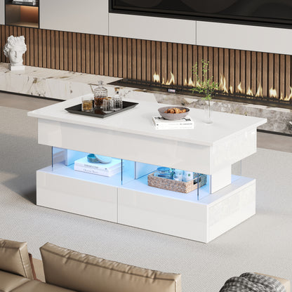 Salontafel – Koffietafel – Tafel – Woonkamertafel – Bijzettafel – Verstelbare Hoogte – Uitschuifbare Opbergruimte – Glanzend Wit – Lift-Top Mechanisme