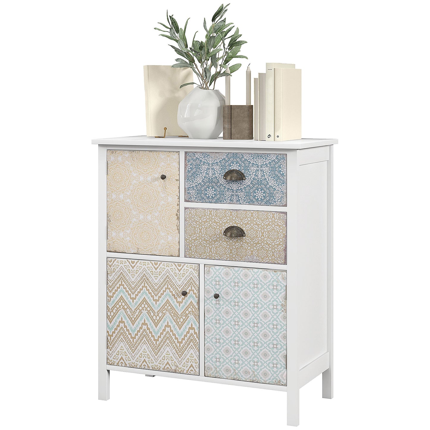 Sideboard – Dressoir – Opbergkast – Bijzetkast – Ladekast – Wit Shabby Chic – Massief Dennenhout – Compact Formaat 68x34x80 cm