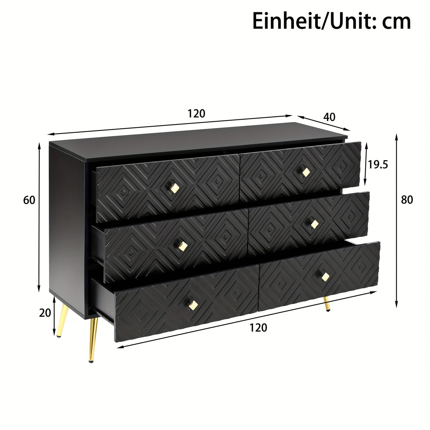 Ladekast – Ladenkast – Commode – Opbergkast – Dressoir – Zes Lades – Modern Ontwerp – 120x40x80 cm – Zwart Met Gouden Accenten – Metalen Poten – Stevig & Duurzaam