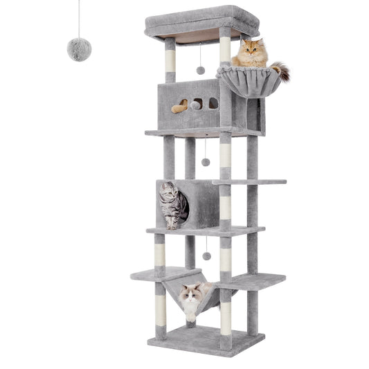 Kattenboom – Krabpaal – Klimpaal – Kattenhuis – Krabmeubel – 210 cm Hoog – 8 Sisal Krabpalen – Lichtgrijs – Met Hangmat en Wasbaar Platform