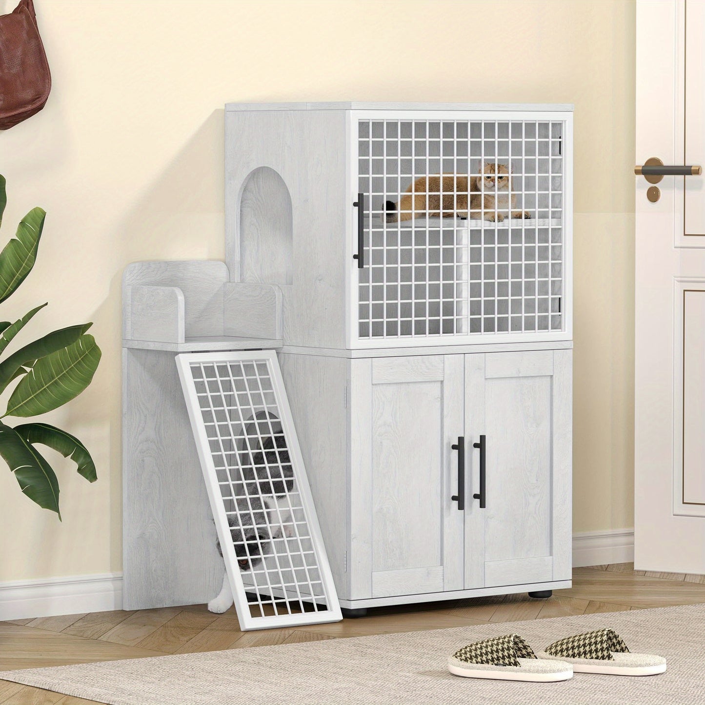 3-Laags Houten Kattenren – Kattenkooi – Kattenverblijf – Kattenhuis – Kattencondo – Met Trappen En Krabpalen – Ventilatiegaas En Afneembare Lade – Wit