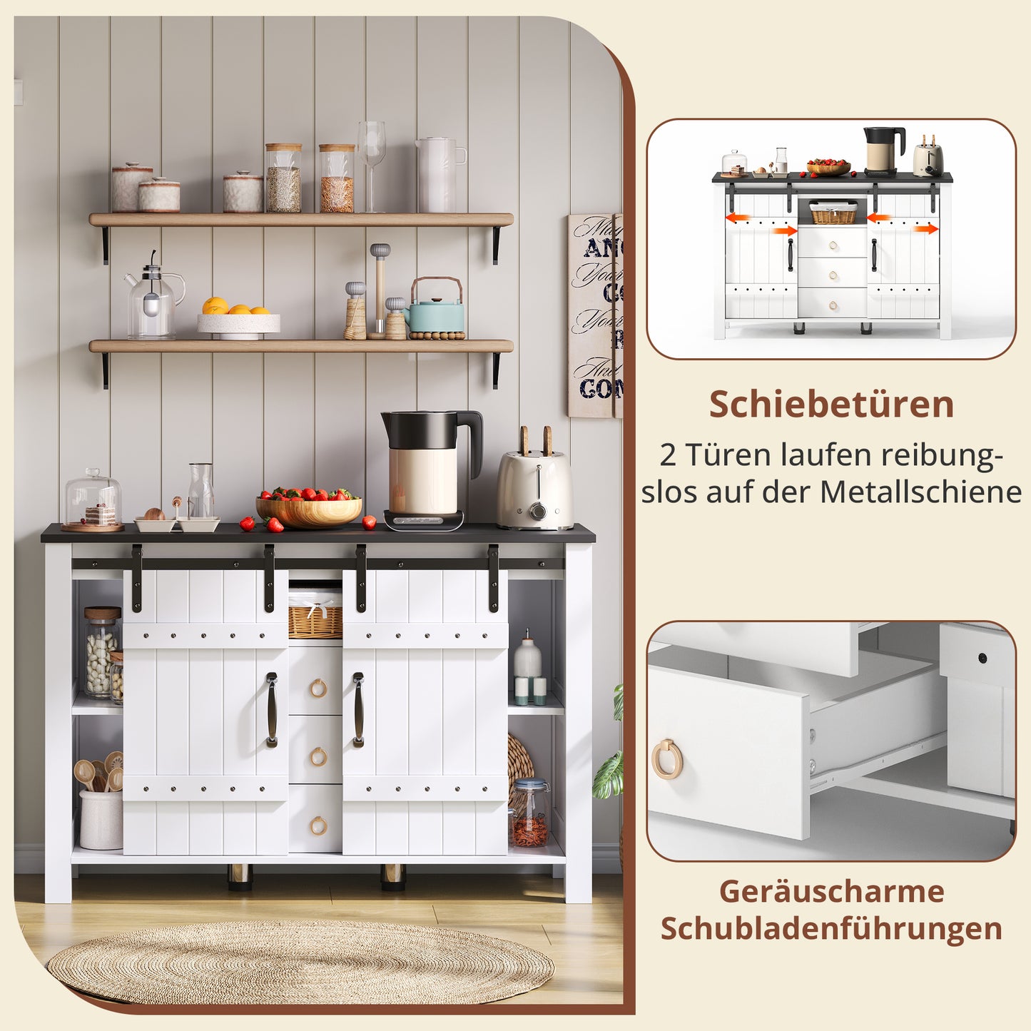 Buffetkastje – Buffetkast – Dressoir – Opbergkast – Sideboard – Wit Met Houten Accenten – 120x40x80 cm – MDF – Schuifdeuren En 3 Lades