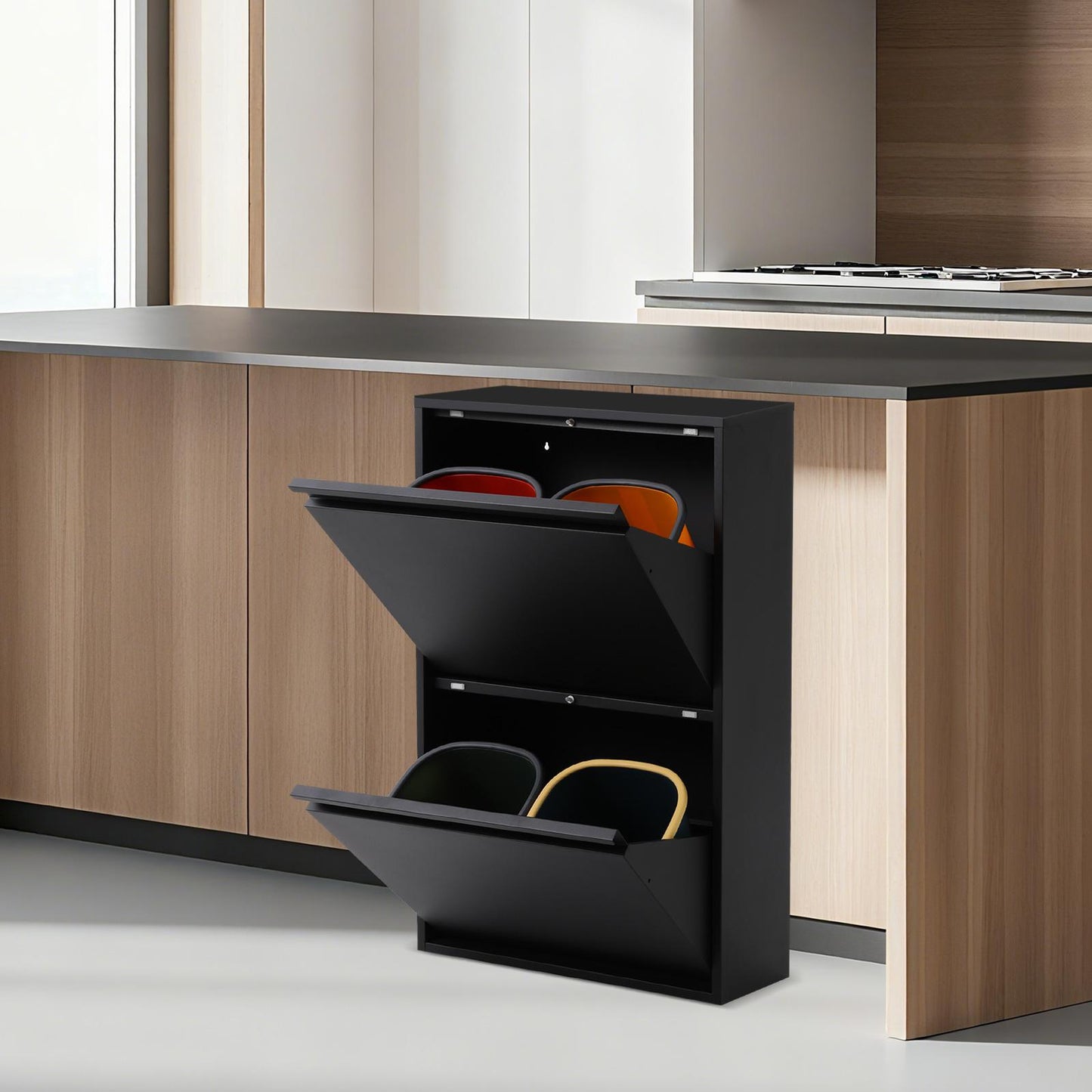 4x15L Kitchen Trash Can | Black, Sorting Trash Bin, Rubbish Storage Cabinet, Carbon Steel, Rectangle Shape, NaMaSyo Brand