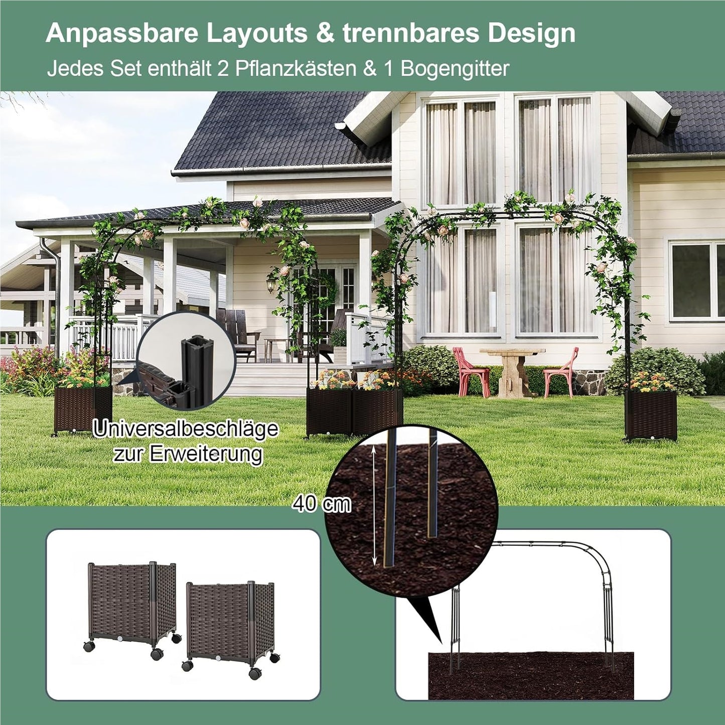 Tuinboog 2-in-1 – Rozenboog – Klimrek – Klimplantboog – Archeon – Met Bloembakken Op Wielen – Met Drainagegaten – 288 cm Hoog – Zwart Metaal en PP
