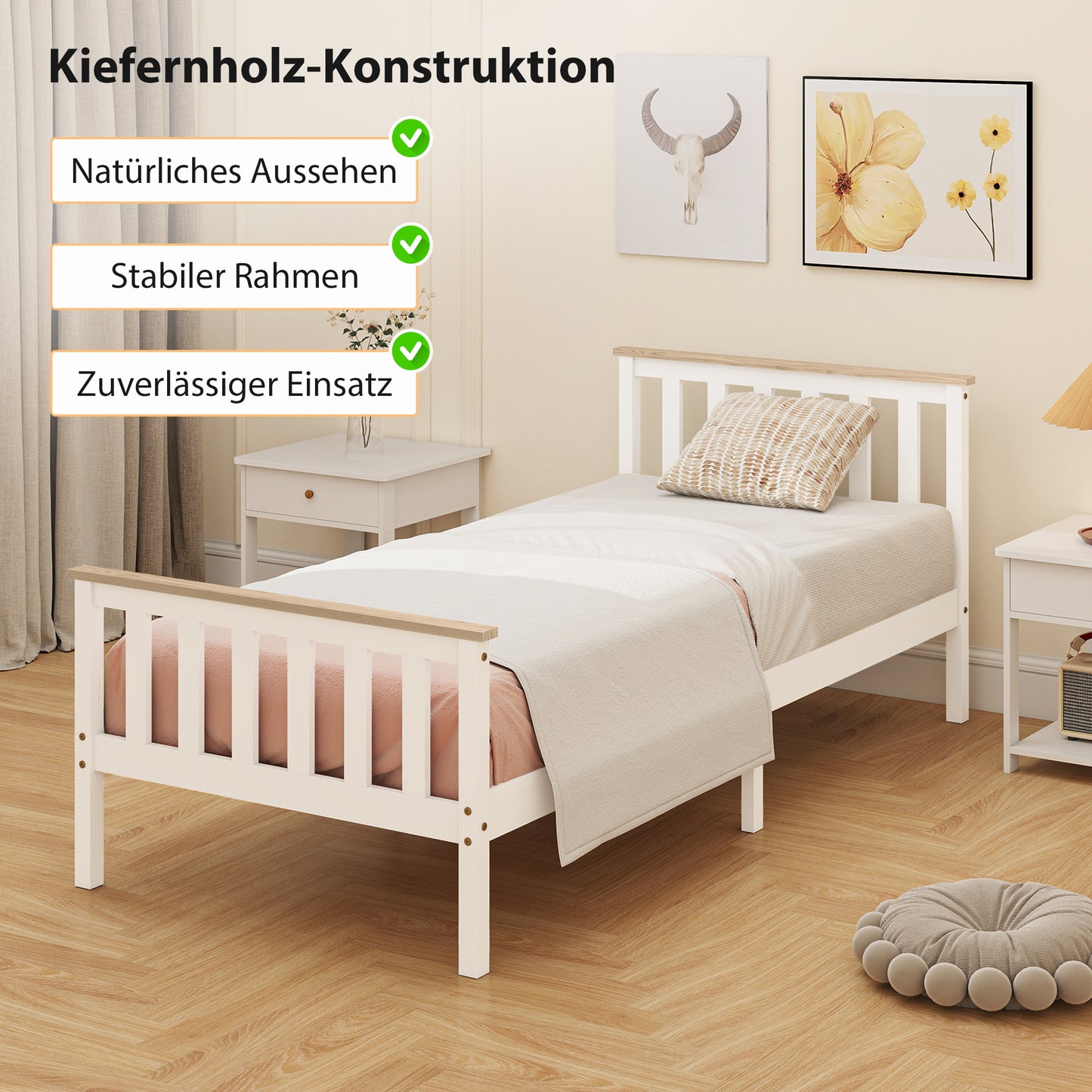 Bedframe Eenpersoonsbed – Eenpersoonsbed – Houten Bed – Kinderbed – Bedombouw – Natuurlijk Hout – Wit Gelakt – Met Opbergruimte Onderbed