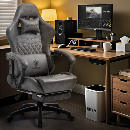 Ergonomische Gamingstoel – Bureaustoel – Gamechair – Zwarte Gamerstoel – Office Chair – Verstelbare Rugleuning – PU-Leer Bekleding – Metalen Frame – Schommelbare Basis – Lenden- & Hoofdkussen – Geschikt Voor Harde Vloeren – Grijs