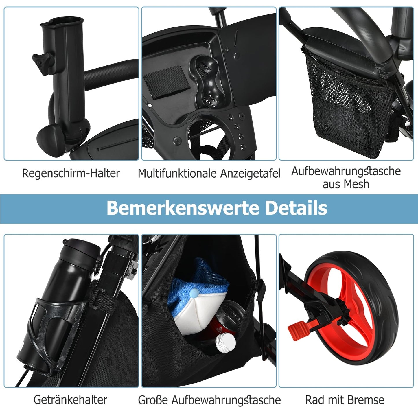Golf Trolley – Golfkar – Golfkarretje – Golfwagen – Golf Caddy – Inklapbaar – Verstelbare Handgreep & Zitje – Stalen Frame – EVA Wielen – Rood