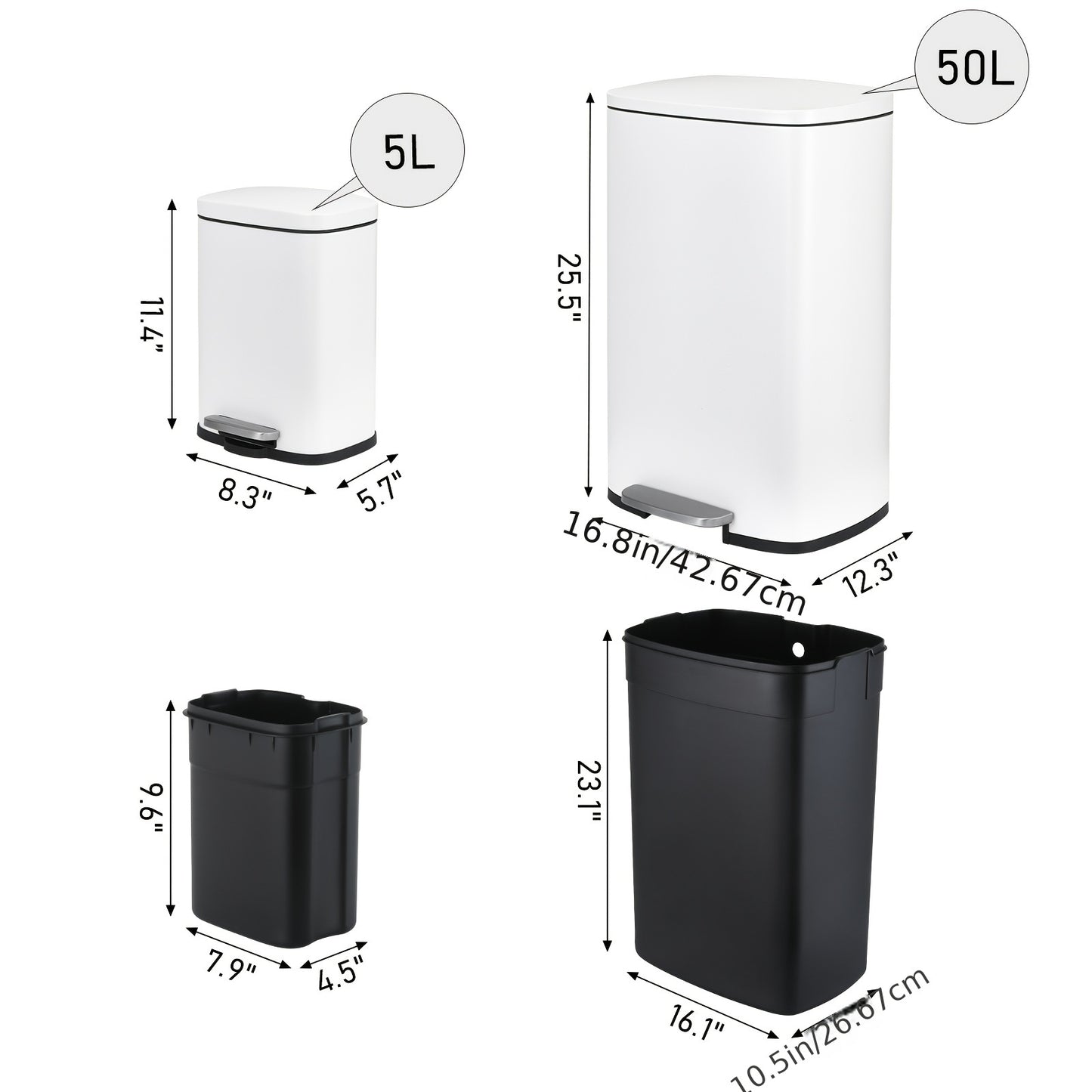 Afvalemmer – Vuilnisbak – Prullenbak – Afvalbak – Pedaalemmer – Wit 55L + 5L – Roestvrij Staal – Geruisloze Deksel – Anti-Vingerafdruk – Uitneembare Binnenemmer