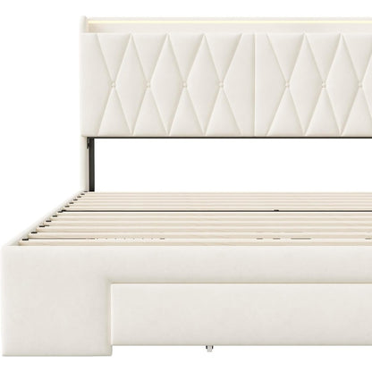 Tweepersoonsbed – Opbergbed – Boxspringbed – Slaapbank – Bedframe – Beige Gestoffeerd 160x200 cm – Met USB Oplaadfunctie en Instelbare LED-lichtstrip