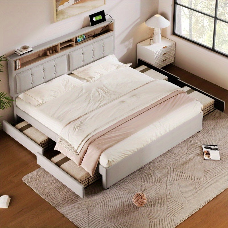 Bedkast – Tweepersoonsbed – Nachtkastje – Opbergbed – Slaapkamerkast – Verstelbaar Stoffen Hoofdbord – 4 Ruime Lades – 160x200 cm – Zonder Matras