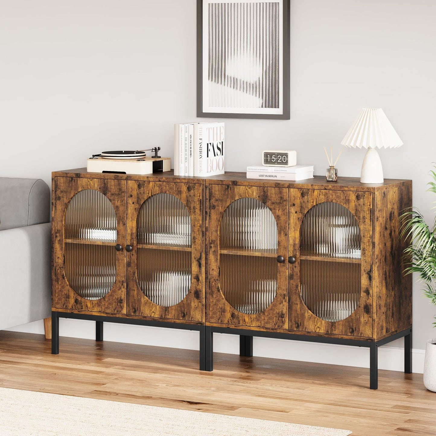 Set of 2 Rustic Buffet Storage Cabinets with 2 Fluted Glass Doors | European Style Hardwood Sideboard Accent Console Bar Cabinets for Dining Room, Kitchen, Living Room, Hallway, Floor Mount, Brown