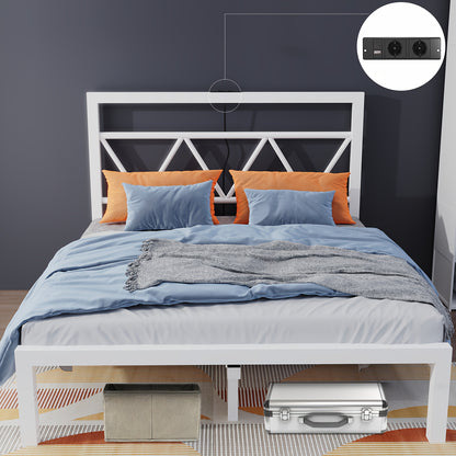 140x200 cm Eenpersoonsbed Frame met Oplaadstation – Metalen Platformbed met Hoofdeinde – Wit, Modern en Minimalistisch