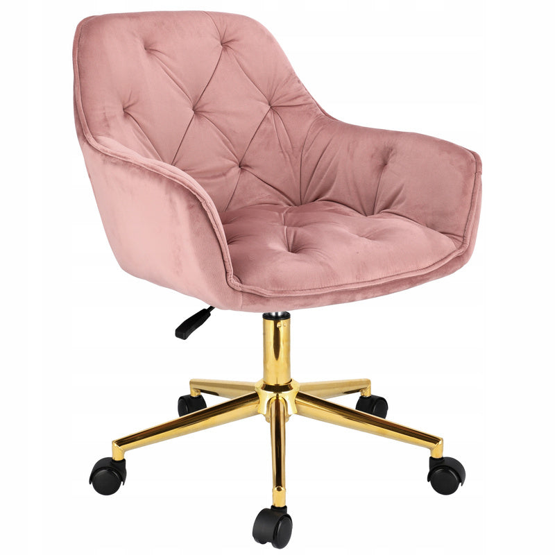 Fauteuil – Draaistoel – Bureaustoel – Werkstoel – Relaxstoel – Roze Velours – Goud Metalen Onderstel – Verstelbare Hoogte 40-50 cm – Draagvermogen 120 kg