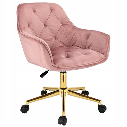Fauteuil – Draaistoel – Bureaustoel – Werkstoel – Relaxstoel – Roze Velours – Goud Metalen Onderstel – Verstelbare Hoogte 40-50 cm – Draagvermogen 120 kg