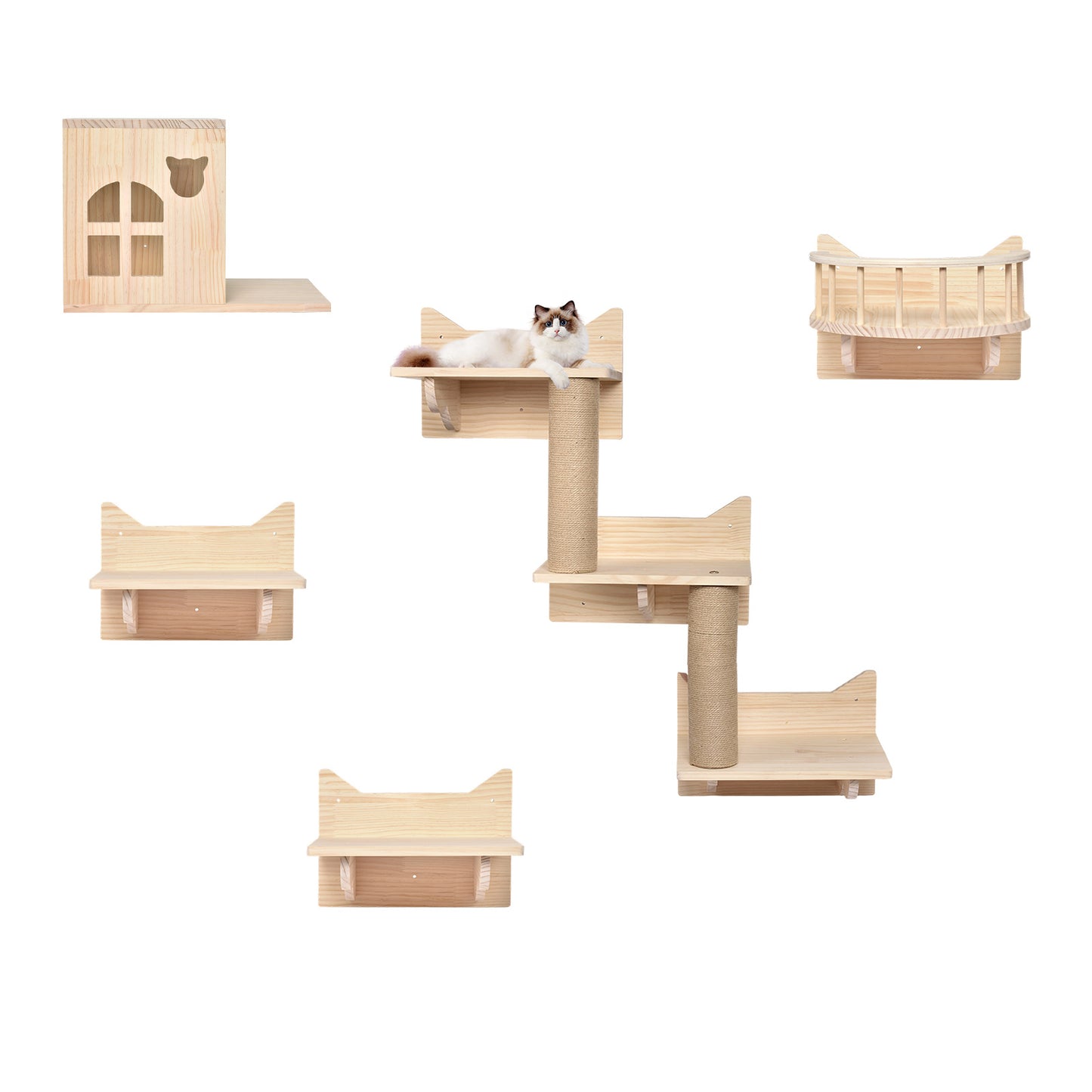 Krabpaal – Kattenboom – Kattenhuis – Kattenmeubel – Klimmeubel – 5-in-1 Muurklimset – Massief Hout – Ruimtebesparend Design