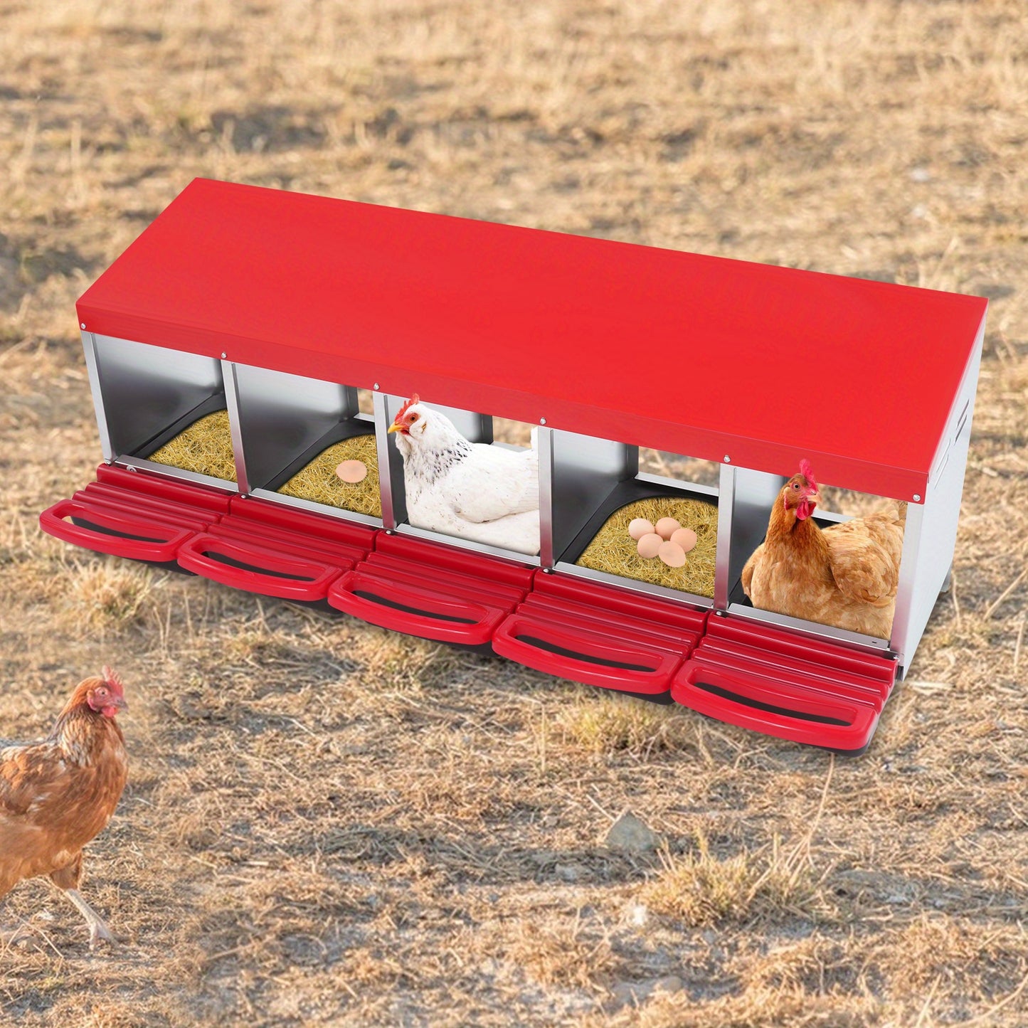 Kippenhok Nestkast – Nest Box – Legnest – Kippennest – Eieren Verzamelen – 5 Compartimenten – Gegalvaniseerd Staal – Rood