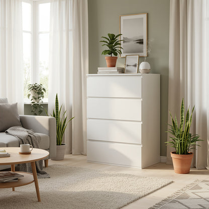 Ladekast – Ladenkast – Opbergkast – Dressoirkast – Wit – 4 Lades – Waterbestendig MDF – Ruime Opbergruimte 90 Liter