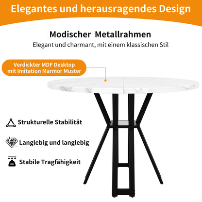 Ronde Eettafel – Eettafel Rond – Design Tafel – Marmerlook Tafel – Keukentafel – Diameter 100 cm – Zwart Metalen Frame