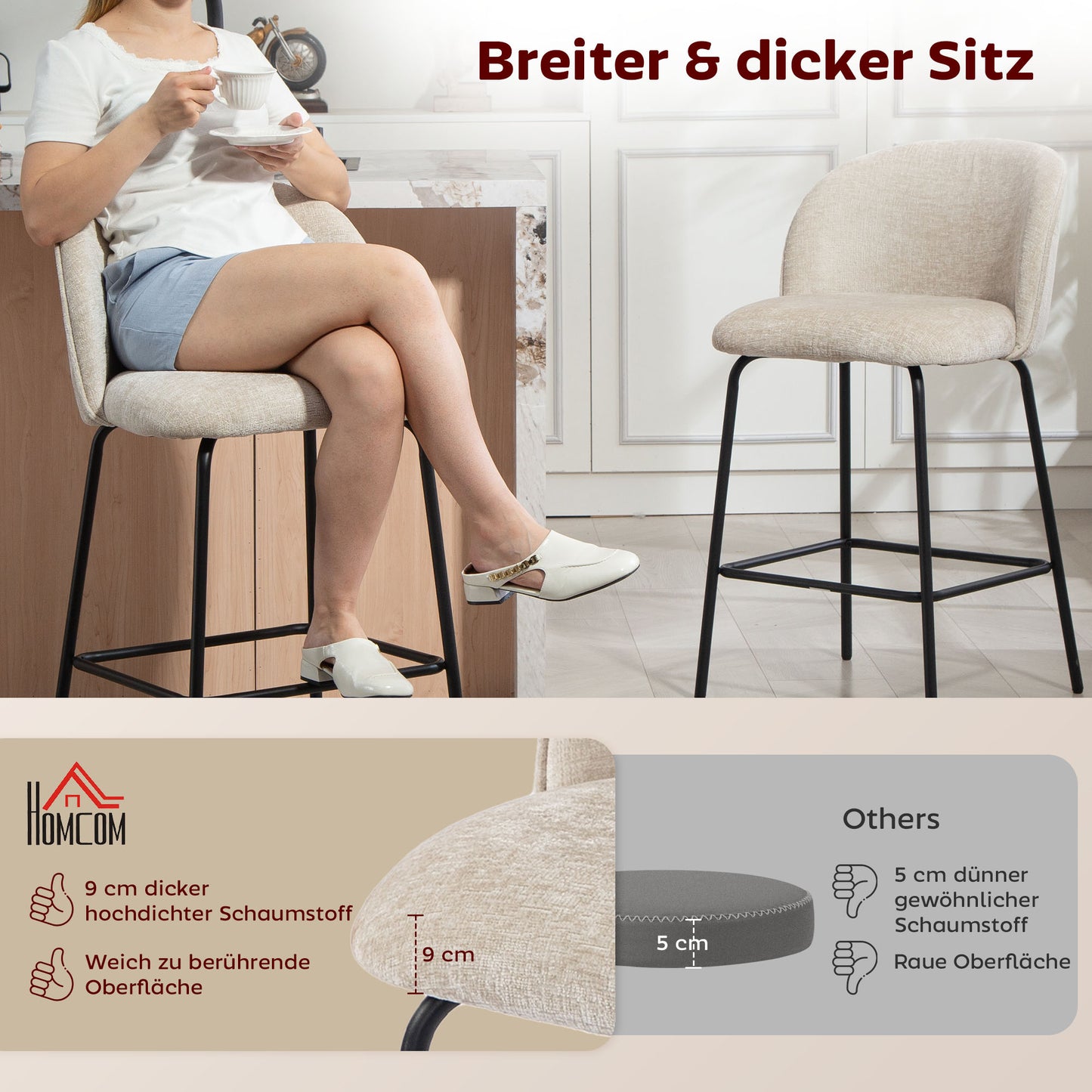 2-Piece Set of Bar Stools with Backrest and Footrest, Upholstered Chairs with Steel Legs for Kitchen Island, Dining Room, Beige
