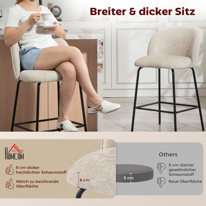2-Piece Set of Bar Stools with Backrest and Footrest, Upholstered Chairs with Steel Legs for Kitchen Island, Dining Room, Beige
