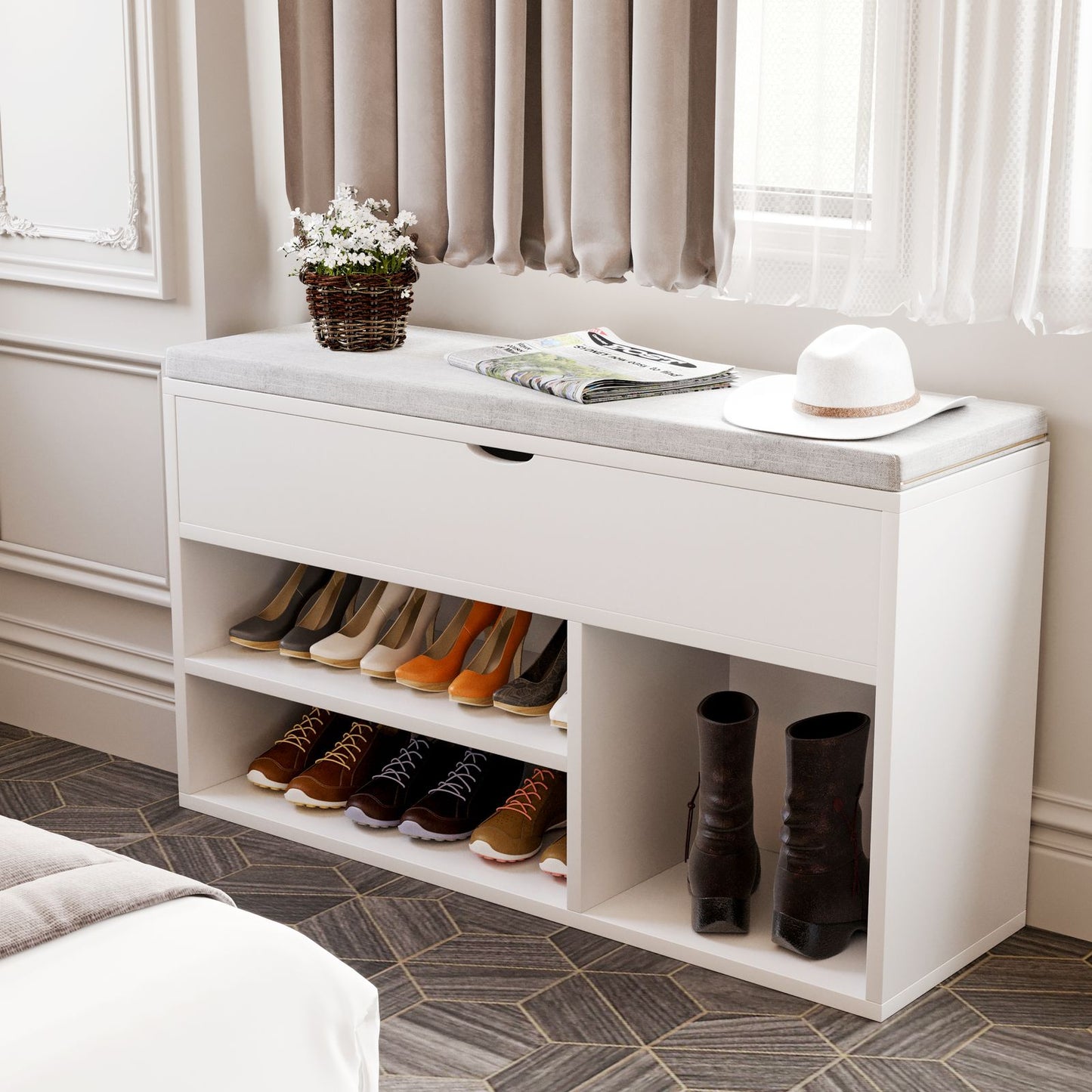 Schoenenbank – Schoenenrek – Schoenenkast – Schoenopberger – Halbank – Modern Design – Compact Met Twee Niveaus – Warm Bruin
