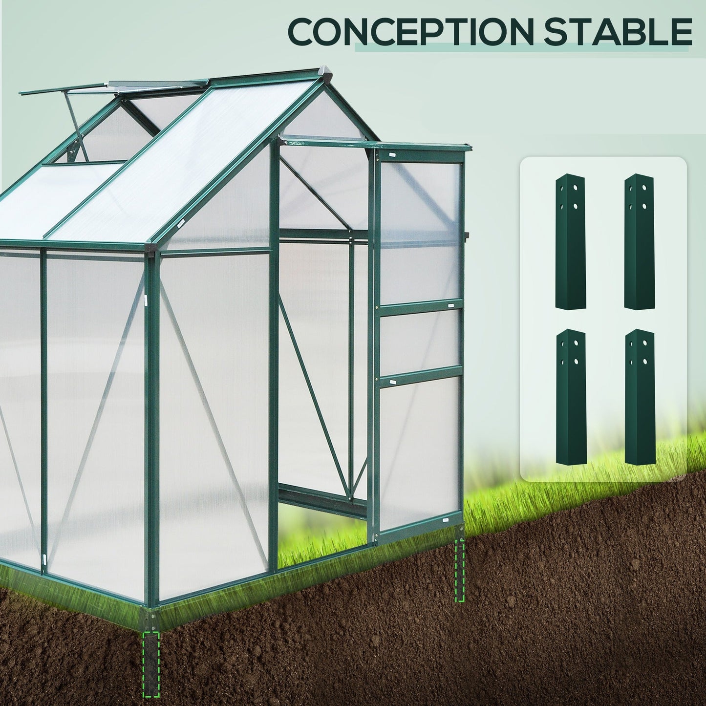 Tuinkas – Kweekkas – Broeikas – Kas – Groentekas – Polycarbonaat – Aluminium Frame – UV 30+ Bescherming – Versterkte Basis – Ventilatie & Schuifdeur – Groen 2,5 m²