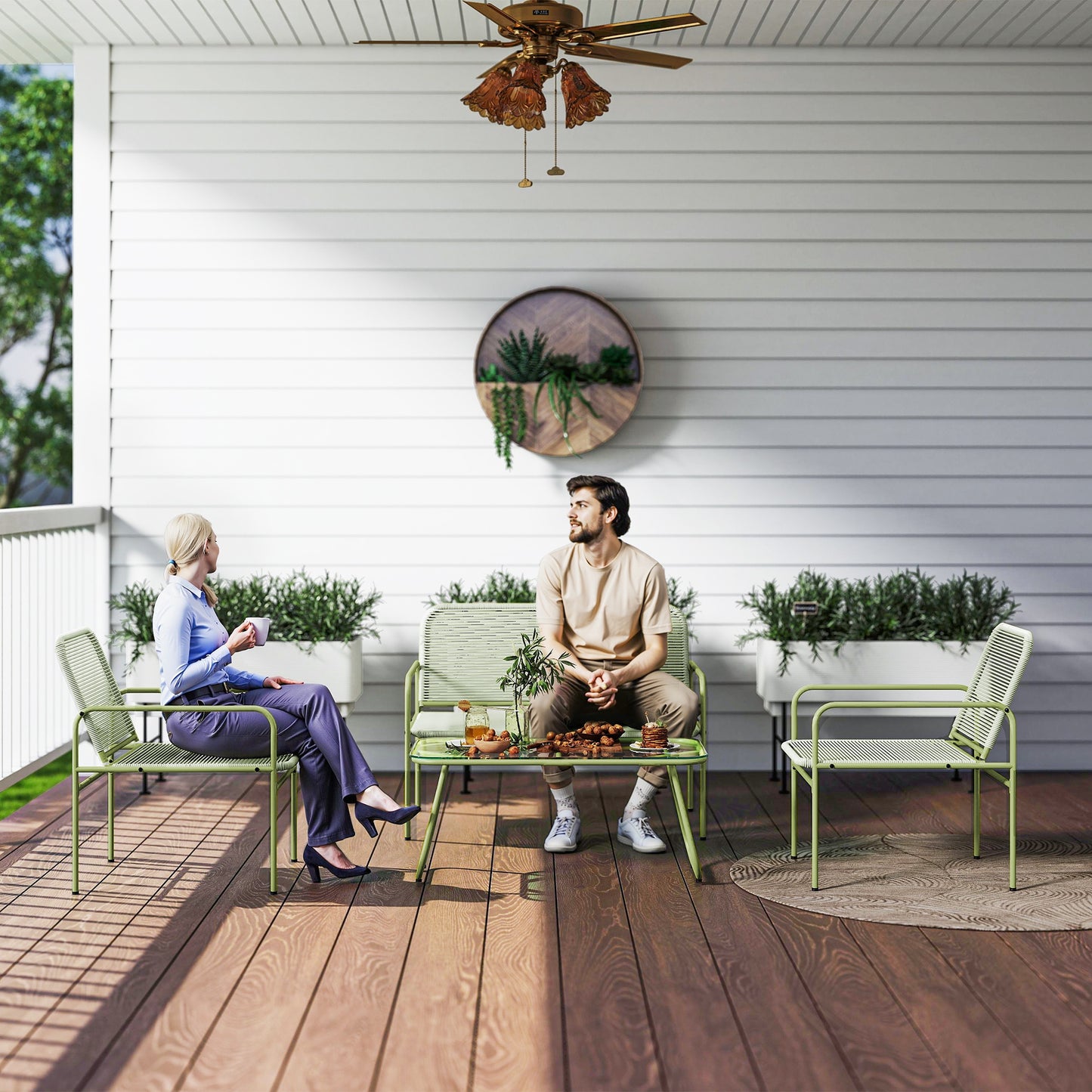 4-Persoons Loungeset Buiten – Tuinmeubels – Loungesofa – Balkonset – Terras Meubilair – Groen – Weerbestendig Gevlochten Kunststof – Temperglas Salontafel