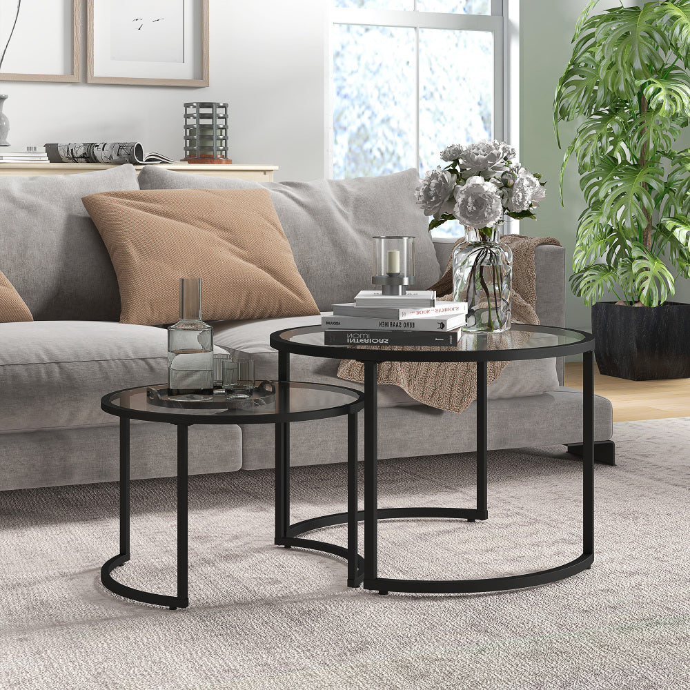 Salontafel – Koffietafel – Bijzettafel – Lounge Tafel – Nestbare Tafel – Zwart Staal Frame – Tempered Glasblad – Set van 2
