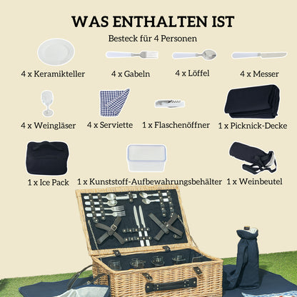 Picknickmand – Picknicktas – Picknickset – Picknickkoffer – Picknickmand Zwart – Geïsoleerd Koelvak – Compleet Bestek Voor 4 Personen