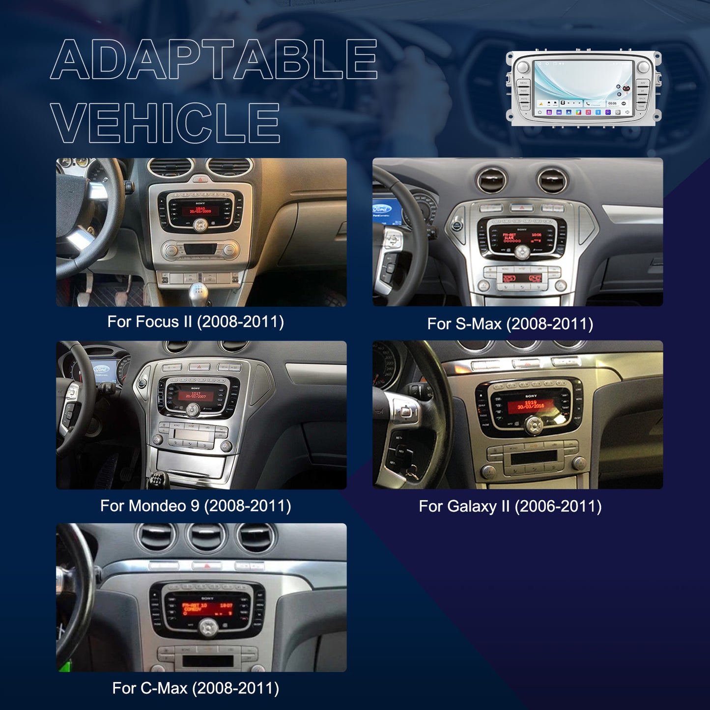 for Ford Focus II/Mondeo/S-Max/C-Max/Galaxy/Kuga Android 15 Car Stereo with 7” Touchscreen, CarPlay & Android Auto, 2G+64G, GPS, WiFi, Plug & Play, Compatible with /FM/RDS Radio (No Cable Change Required)