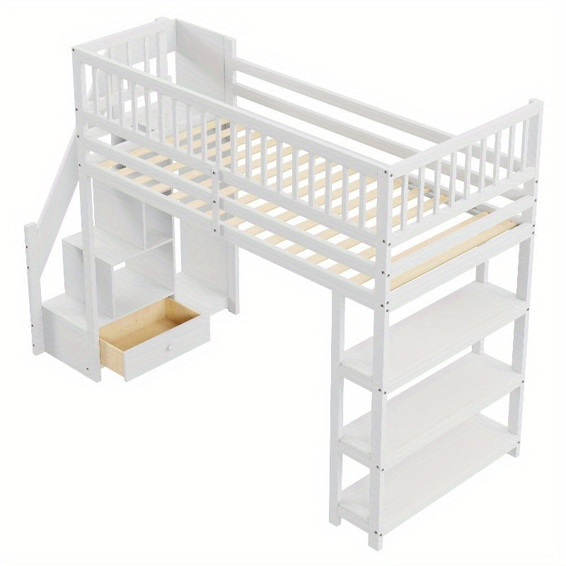 Hoogslaper – Stapelbed – Eenpersoonsbed – Kinderbed – Bed met Opbergruimte – 90 x 200 cm – Veiligheidsladder – Witte Multifunctionele Hoogslaper met Kast en Planken