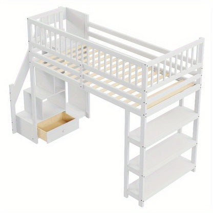 Hoogslaper – Stapelbed – Eenpersoonsbed – Kinderbed – Bed met Opbergruimte – 90 x 200 cm – Veiligheidsladder – Witte Multifunctionele Hoogslaper met Kast en Planken
