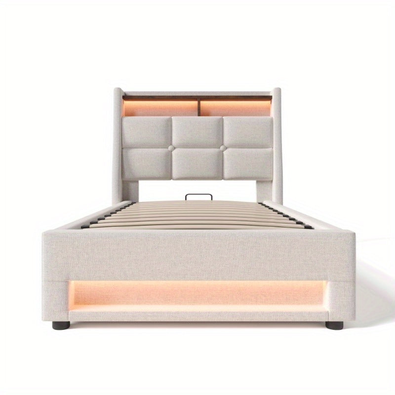 Eenpersoonsbed – 1-persoonsbed – Bed – Slaapbed – Logeerbed – Metalen Frame – Linnen Bekleding – Inclusief Matras – 90x200 cm
